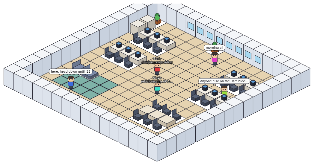 The co-working room seen from above at an angle: a pixel-art office of desks and chairs, with five maker avatars standing in it. Each is labelled with the task they are working on, and speech bubbles float above two of them.